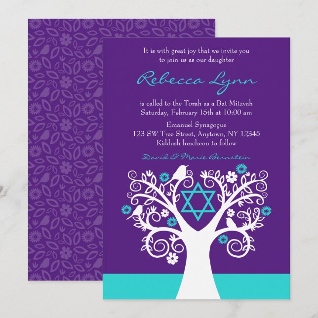 Bäume des Lebens Vögel Lila Aquamarine Bat Mitzvah Einladung (Vorne/Hinten)