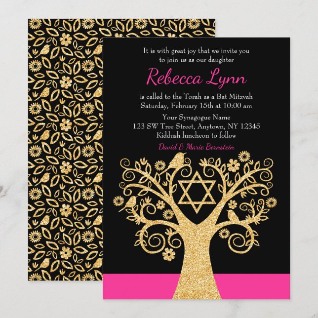Bäume des Lebens Vögel Rosa Gold Bat Mitzvah Einladung (Vorne/Hinten)