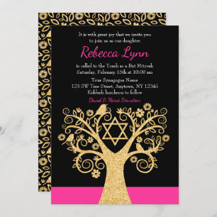Bäume des Lebens Vögel Rosa Gold Bat Mitzvah Einladung
