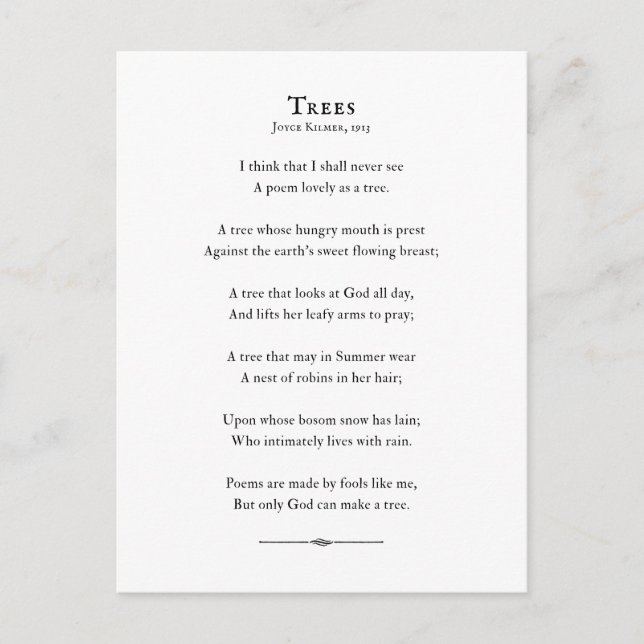 Bäume Gedicht von Kilmer, inspirierende Poesie Postkarte (Vorderseite)
