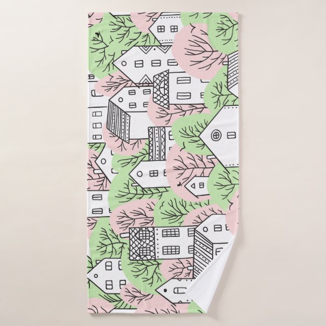 Bäume, Häuser, frühlingstädtische Landschaft Badehandtuch (Badehandtuch)