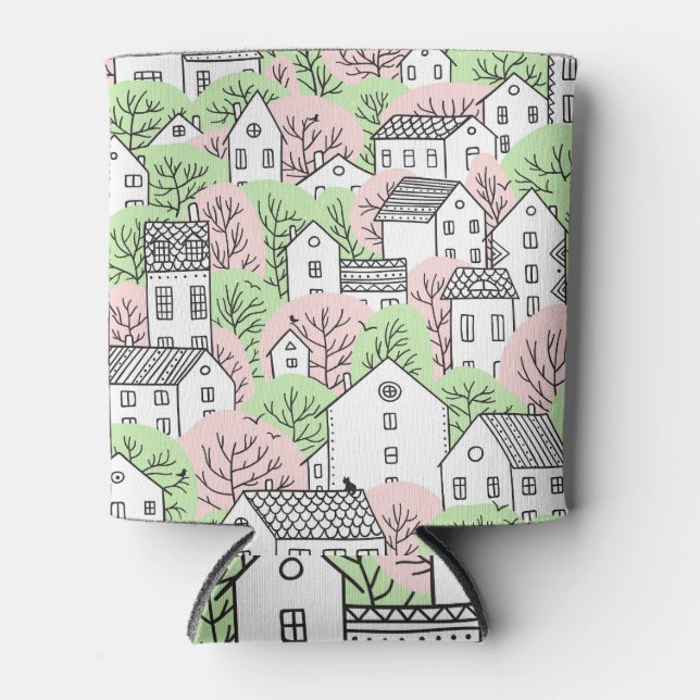 Bäume, Häuser, frühlingstädtische Landschaft Dosenkühler (Vorderseite)