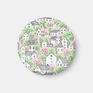 Bäume, Häuser, frühlingstädtische Landschaft Magnet