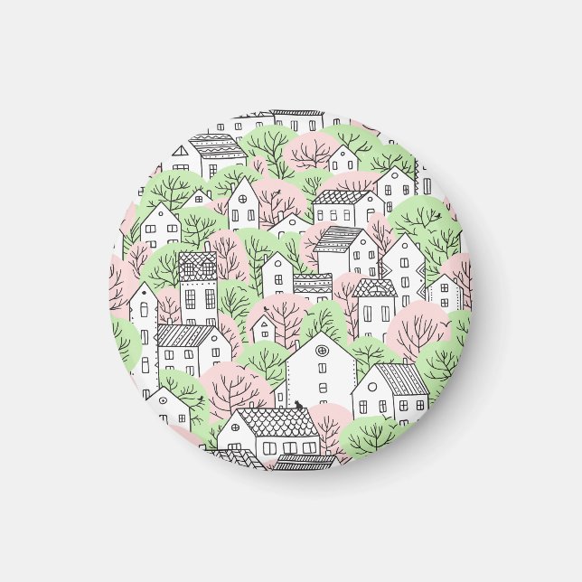 Bäume, Häuser, frühlingstädtische Landschaft Magnet (Vorne)