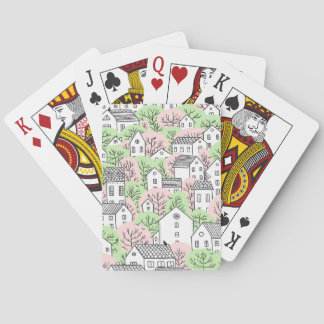 Bäume, Häuser, frühlingstädtische Landschaft Spielkarten