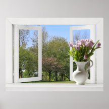 Bäume in Springtime - Fenster öffnen mit Tulips