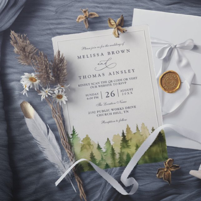 Bäume Kiefernwald Rustikal Elegant QR-Code Hochzei Einladung (Von Creator hochgeladen)