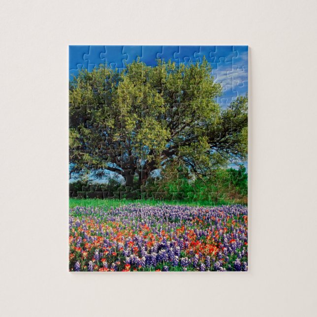 Bäume Live Oak unter TexasBluebonnets Puzzle (Vertikal)