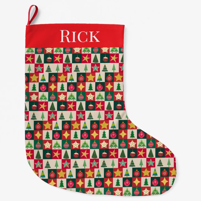 Bäume, Ornamente und Sternenkollage Großer Weihnachtsstrumpf (Vorderseite)