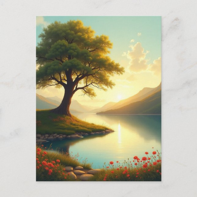 Bäume Seenlandschaft Kunstmalerei Postkarte (Vorderseite)