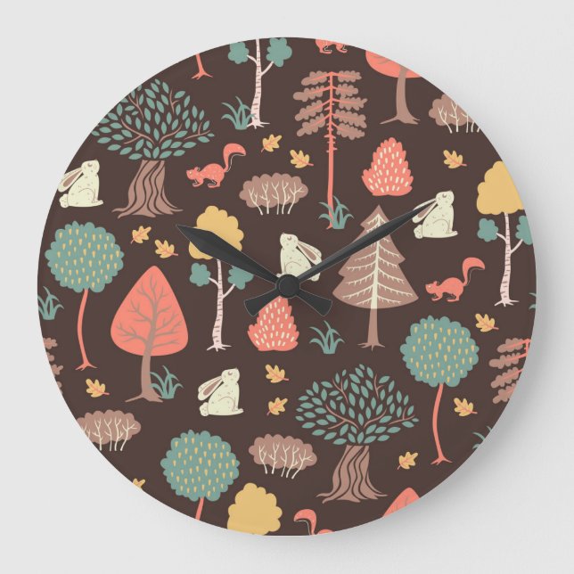 Bäume Tiere: Von Hand Gezeichnet Naturlandschaft. Große Wanduhr (Vorderseite)