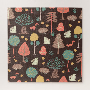 Bäume Tiere: Von Hand Gezeichnet Naturlandschaft. Puzzle