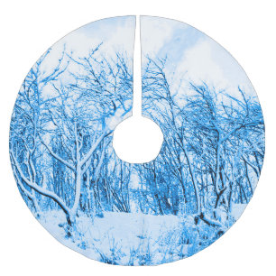 Bäume und Schnee Winterlandschaft, Kobalt Blau Polyester Weihnachtsbaumdecke