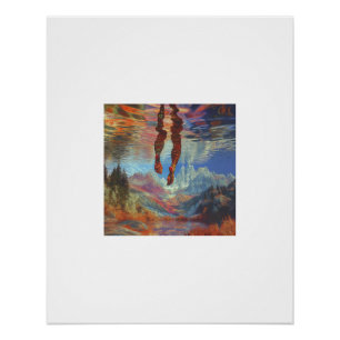Baumelnde Füße über einem surrealen Spiegelwelt-Po Poster