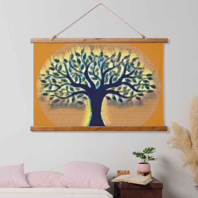 Baumflächen Gelbe Landschaft Aquarell Wandteppich Mit Holzrahmen (Schlafzimmer)