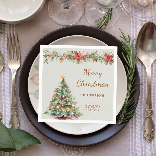 Baumgarland Rote Blumen Grün Weihnachten Party Serviette (Von Creator hochgeladen)