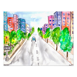 Baumgesäumte Prachtstraße Stadtgebäude Aquarell Fotodruck