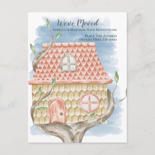 Baumhaus Wasserfarbe haben wir verschoben Zuhause Ankündigungspostkarte (Vorderseite)