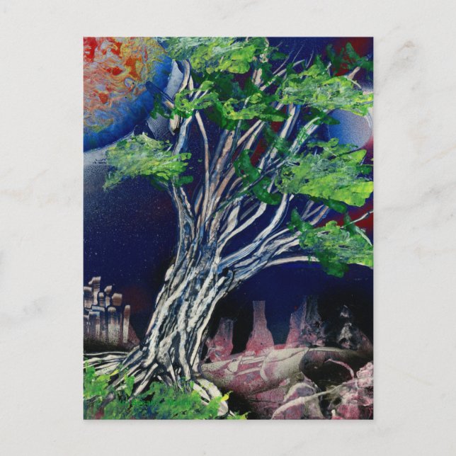 Baummalerei mit blauer Stadt und orangefarbener So Postkarte (Vorderseite)