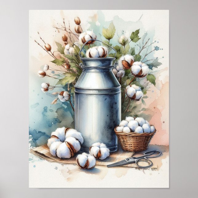 Baumwolle Bouquet in einer Milchdose Poster (Vorne)
