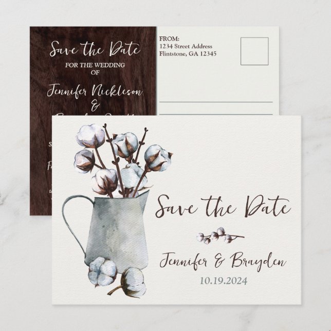 Baumwollstiele in Pitcher Wedding Save the Date Postkarte (Vorne/Hinten)