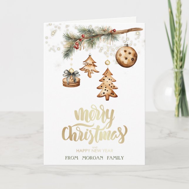 Baumzweig, Ornamente, Sterne Feiertagskarte (Vorderseite)