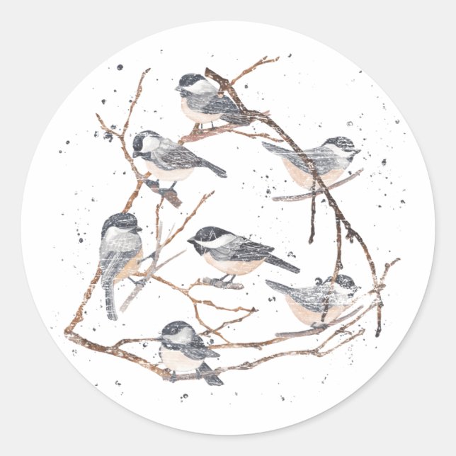 Baumzweige Naturtiervögel Chickadee Runder Aufkleber (Vorderseite)