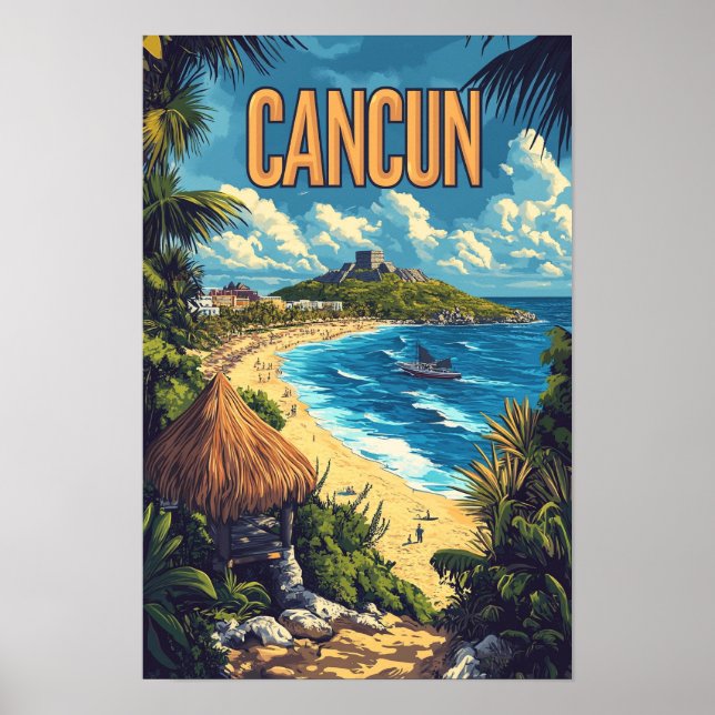 Bauschöne Cancun Mexiko Vintage Illustrationsreise Poster (Vorne)