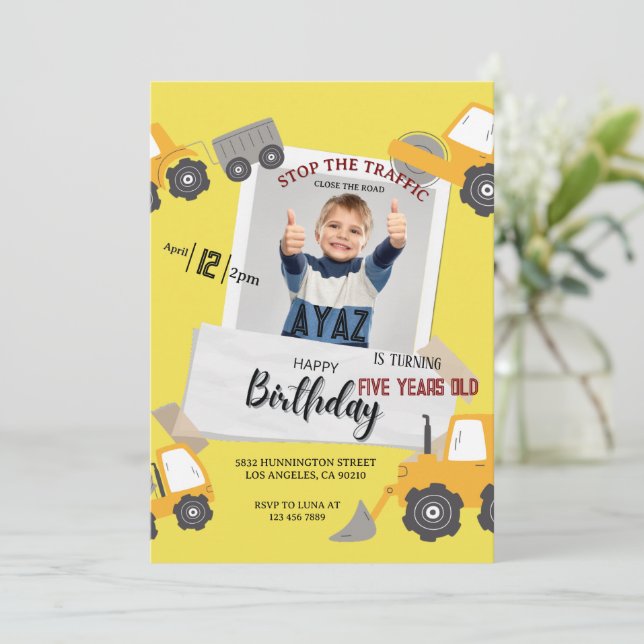 Baustellen-Muldenkipper-Party-Junge-Geburtstag  Einladung (Stehend Vorderseite)
