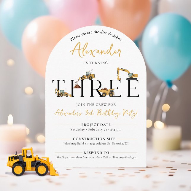 Baustumpf LKW 3. Geburtstag Party Arch Einladung (Cute THREE construction machine dump truck digger 3rd birthday party for a boy, printable)