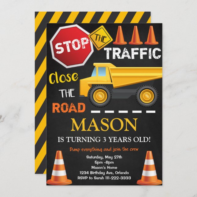 Baustumpf Truck Black Birthday Einladung (Vorne/Hinten)