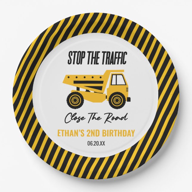 Baustumpf Truck Bulldozer Geburtstagsparty Pappteller (Vorderseite)