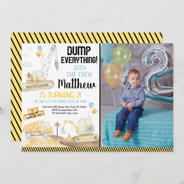 Baustumpf Truck Digger Zweiten Geburtstag Einladung (Vorne/Hinten)