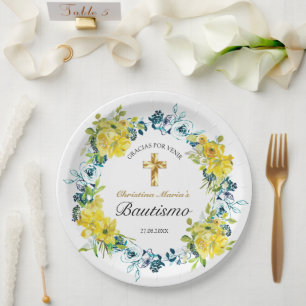Bautismo de Niña Bonita Cruz Floral Amarillo Class Pappteller