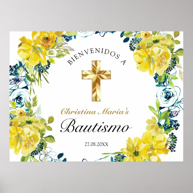Bautismo de Niña Bonita Cruz Floral Amarillo Poster (Vorne)