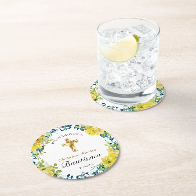 Bautismo de Niña Bonita Cruz Floral Amarillo Runder Pappuntersetzer (Vor Ort)