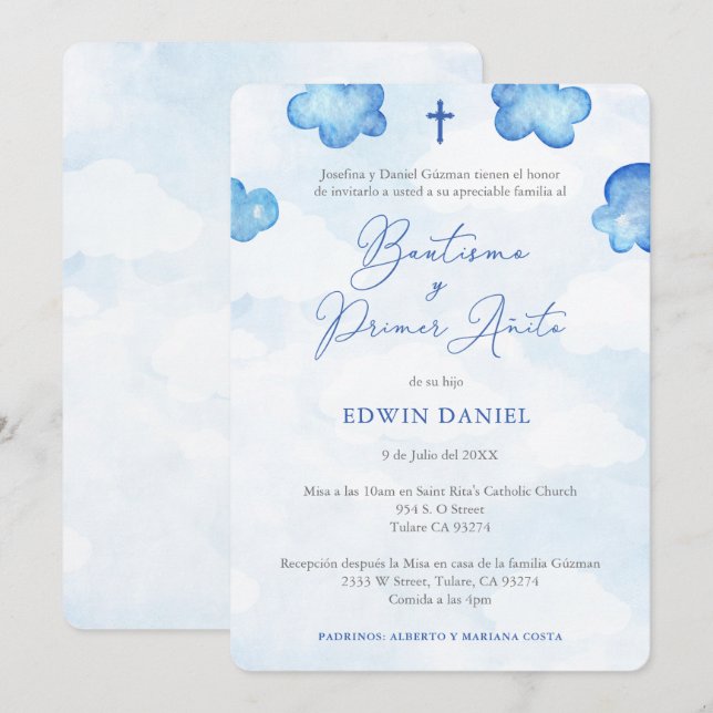 Bautismo Primer Cumple, Boy Baptisse 1. Geburtstag Einladung (Vorne/Hinten)