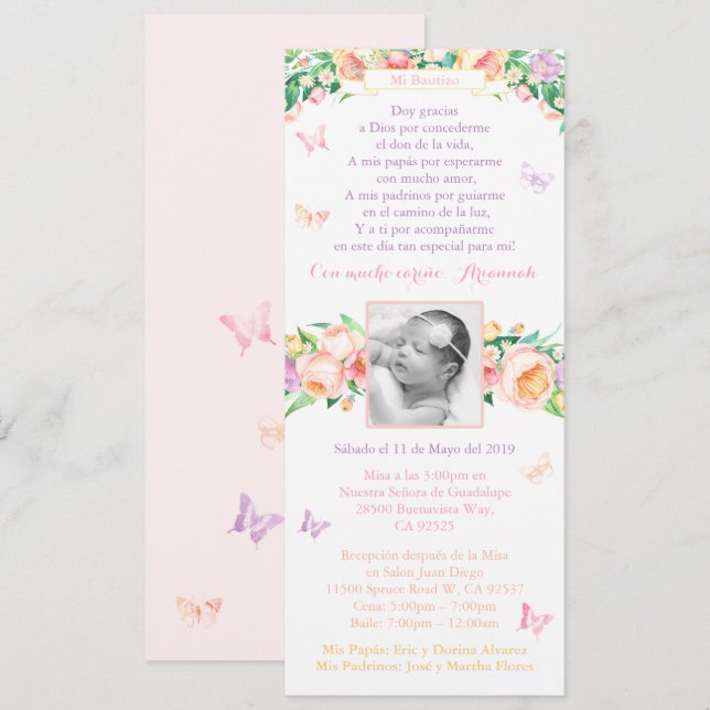 Bautismo Taufe 1. Geburtstag Party Schmetterlinge Einladung (Vorne/Hinten)