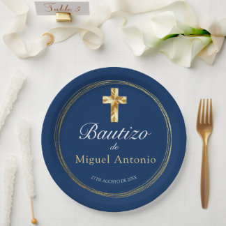 Bautizo Bebé Niño Cruz de Oro y Azul Marino Pappteller