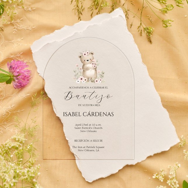 Bautizo de Niña Niedlicher Bär in spanischer Wasse Acryleinladungen (Bautizo De Niña Cute Bear In Spanish Watercolor Acrylic Invitations)