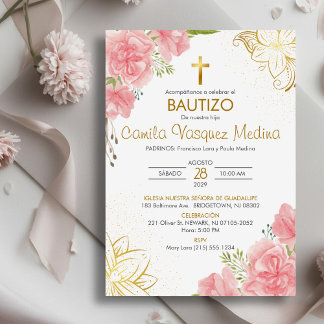 Bautizo Einladung in Spanisch Taufe Rosa Blume