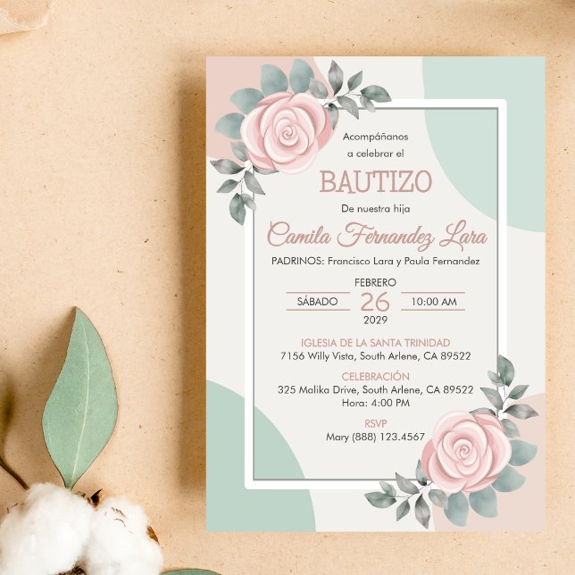 Bautizo Invitacion Niedlich Pink Roses Blume Taufe Einladung (Von Creator hochgeladen)