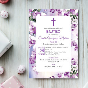 Bautizo Invitación Taufe Niedliche violette Blumen Einladung