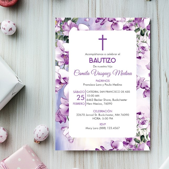 Bautizo Invitación Taufe Niedliche violette Blumen Einladung (Von Creator hochgeladen)
