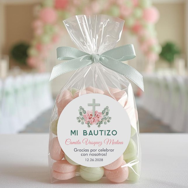 Bautizo Niedlich rosa Rosen und Blätter Spanische  Runder Aufkleber (Von Creator hochgeladen)