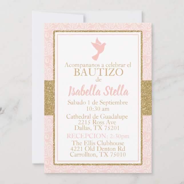 Bautizo Spanische Taufe Pink Gold Dove Einladung (Vorderseite)