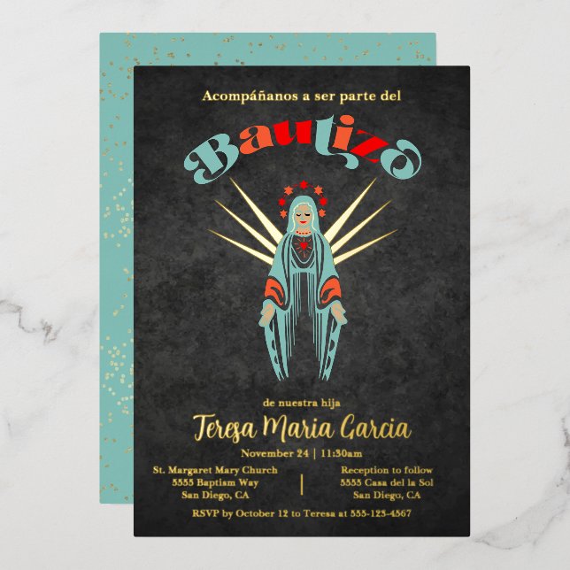Bautizo Virgen de Guadalupe Taufe Mutter Mary Fo Folieneinladung (Vorderseite/Rückseite)
