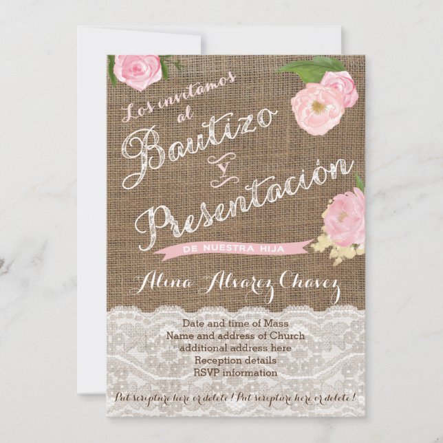 Bautizo y presentación, niña, arpillera, encaje einladung (Vorderseite)