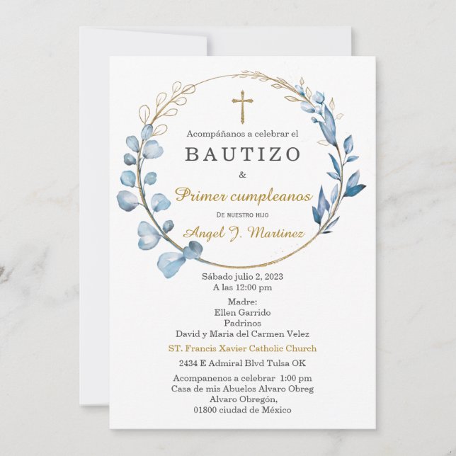 Bautizo y Primer Cumpleaños Niño Einladung (Vorderseite)