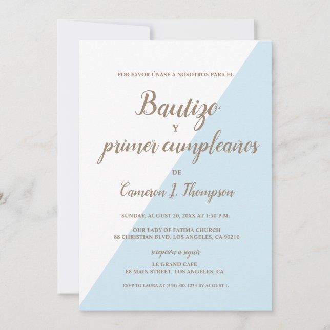 Bautizo y primer cumpleaños Taufe Spanisch Blau Einladung (Vorderseite)